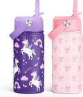 Kid Water Bottle 12oz with Straw Lid - 2-Pack Insulated Stainless Steel Water Bottles for Kids Girls - Travel Cup for Back to School Sports Christmas Birthday (Bow & Unicorn)