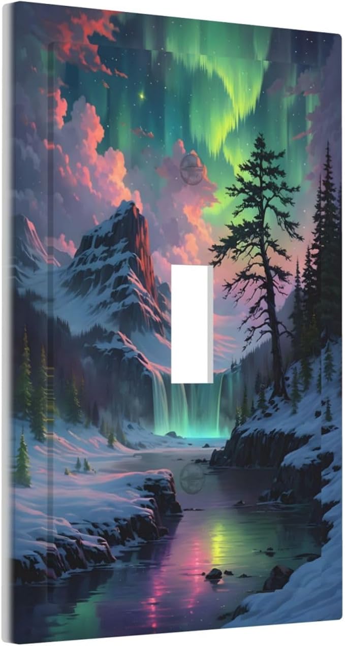 Snow Mountain Aurora Waterfalls Rivers Forest Decorative Light Switch Cover 1 Gang Single Toggle Device Electrical Faceplate Switchplates Decorator Outlet Wall Plate for Bedroom Living Room Decor