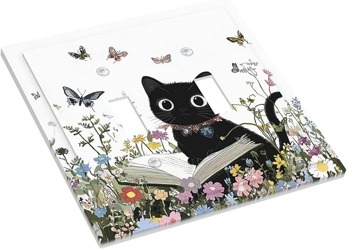 Decorative Switch Plates Cute Cat Wildflowers Boho Flowers Floral 2 Gang Double Toggle Outlet Light Switch Cover Wall Plate Electrical Faceplate For Nursery Kids Room Decor