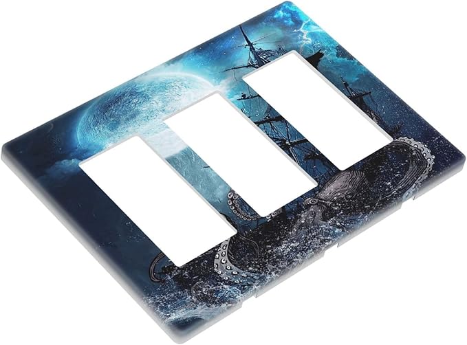 Moon Ocean Nautical Octopus 3 Gang Triple Rocker/Decora Light Switch Wall Plate Cover Decorative Electrical Faceplate Switchplate for Bathroom Living Room Decor