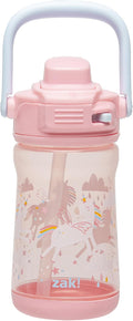 Zak Designs Beacon Kid Water Bottle for Travel or At Home, 12oz Plastic is Durable and Leak-Proof with Liquid Lock Spout, Cover, Carry Handle, Protective Base (Unicorn)
