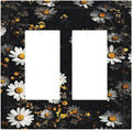 White Black Daisy Wildflower Modern Chrysanthemum Decorative Outlet Covers 2 Gang Double GFCI Rocker Electrical Wall Panels Light Switch Cover Plate for Bedroom Farmhouse Decor