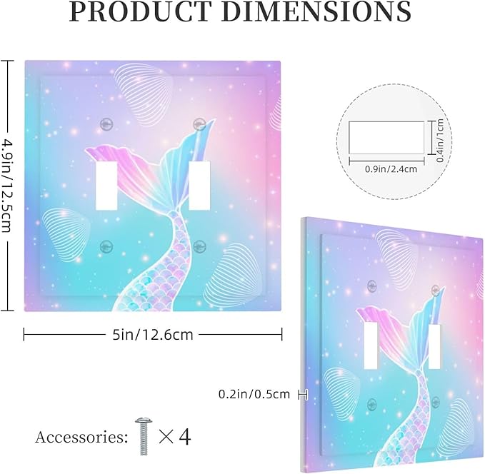 Mermaid 2 Gang Light Switch Cover Rainbow Tail Scales Jelly Fish Double Toggle Wall Plate Decorative Electrical Switchplate Covers for Nursery Girls Boys Room Kids Room Decor