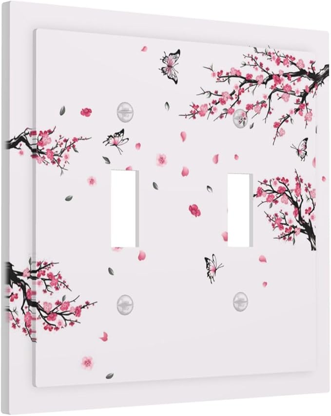 Pink Watercolor Cherry Blossom Flowe Tree Branch Floral Decorative Switch Plates 2 Gang Double Toggle Outlet Light Switch Cover Wall Plate Electrical Faceplate for Bedroom Living Room Decor