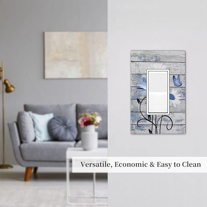 Blue White Daisy Flower Butterfly Rustic Wood Board Decorative Outlet Covers 1 Gang Single Rocker Light Switch Cover Plate Wall Plates GFCI Faceplate for Farmhouse Bedroom Decor