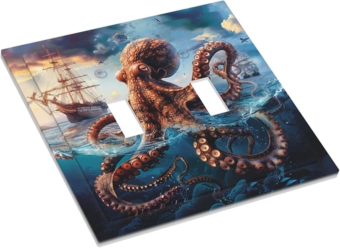 Light Switch Cover Plate Deep Ocean Octopus Sailboat Sea Monster 2 Gang Double Toggle Decorative Switch Plates Plug Cover Wall Plates Electrical Faceplate for Bathroom Bedroom Decor