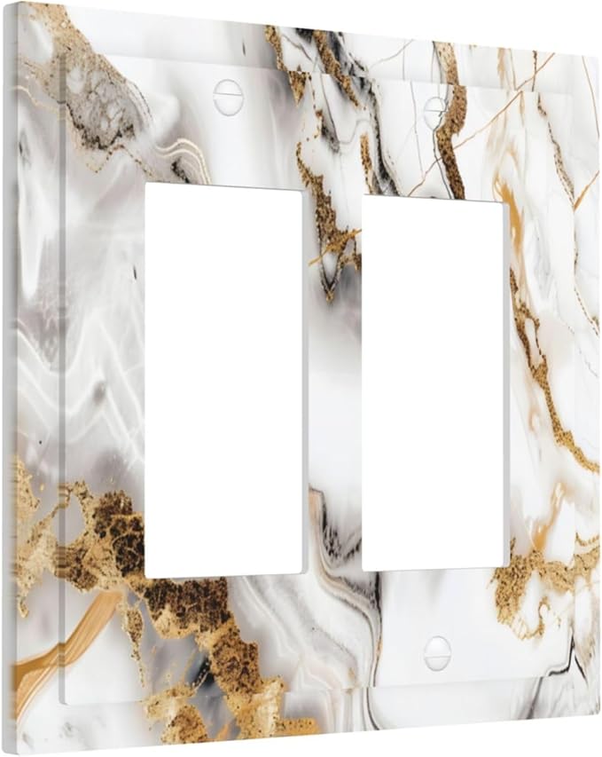 Luxurious Marble Abstract White Gold Tile Modern Simplicity Decorative Outlet Covers 2 Gang Double GFCI Rocker Electrical Wall Panels Light Switch Cover Plate for Bathroom Kitchen Decor