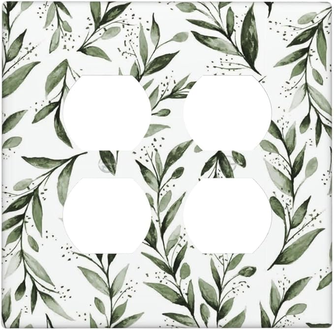 Green Leaf Olive Leaf Sage Floral Outlet Covers 2 Gang Double Duplex Decorative Light Switch Covers Electrical Wallplates Socket Faceplate for Bedroom Living Room Decor