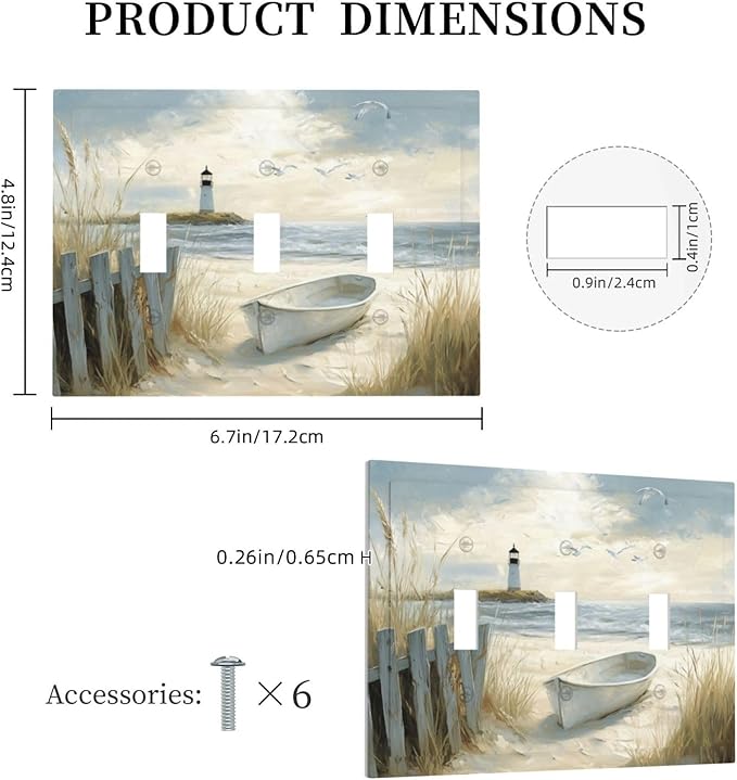 Sea Beach 3 Gang Light Switch Cover Old Ship Reed Lighthouse Seascape Triple Toggle Wall Plate Decorative Electrical Switchplates for Country Bedroom Kitchen Living Room Home Decor