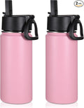 Volhoply 16 OZ Kids Water Bottle Bulk 2 Pack,Insulated Sports Bottles with Straw Lid,Stainless Steel Bottle with Handle Keep Cold & Hot,Double Wall Vacuum Tumbler Cups for School,Girls(Pink, 2)