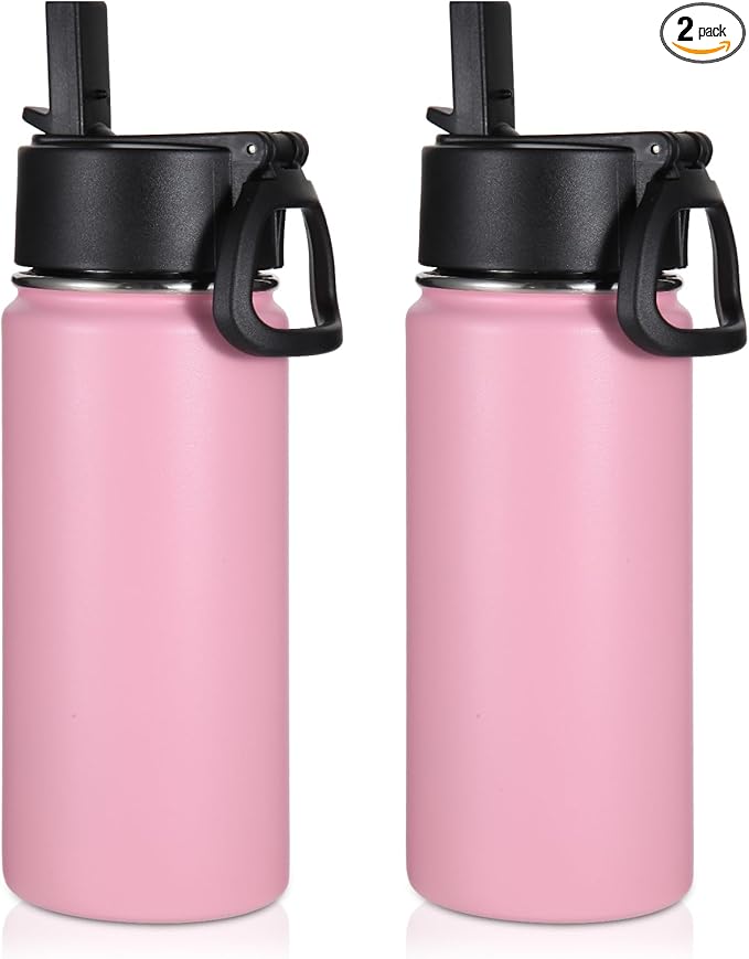 Volhoply 16 OZ Kids Water Bottle Bulk 2 Pack,Insulated Sports Bottles with Straw Lid,Stainless Steel Bottle with Handle Keep Cold & Hot,Double Wall Vacuum Tumbler Cups for School,Girls(Pink, 2)
