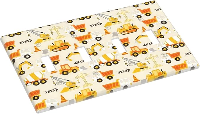 Decorative Light Switch Cover Plate Construction Vehicle Yellow Trucks Diggers 4 Gang Wall Plates for Electrical Quad Toggle Switch Plate Covers Outlet Covers Faceplate for Home Decor