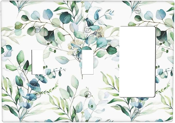 Green Olive Sage Eucalyptus Leaves 3-Gang 2-Toggle 1-GFCI/Decorator Combination Light Switch Decorative Triple Combo Device Switches/Rocker Outlet Covers and Wall Plate