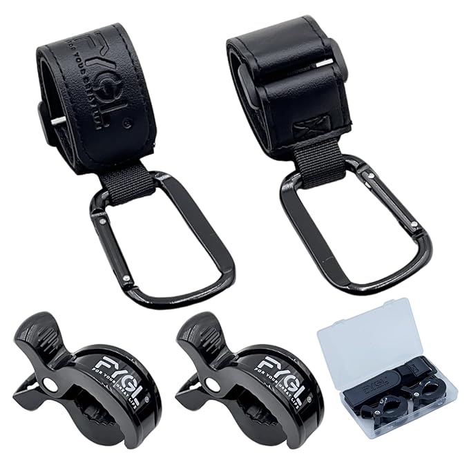 4-Pack Stroller Organizer: 2 Universal Pram Clips with 2 Stroller Hooks | Convenient Travel & Shopping Essentials for Baby Carriage - Black