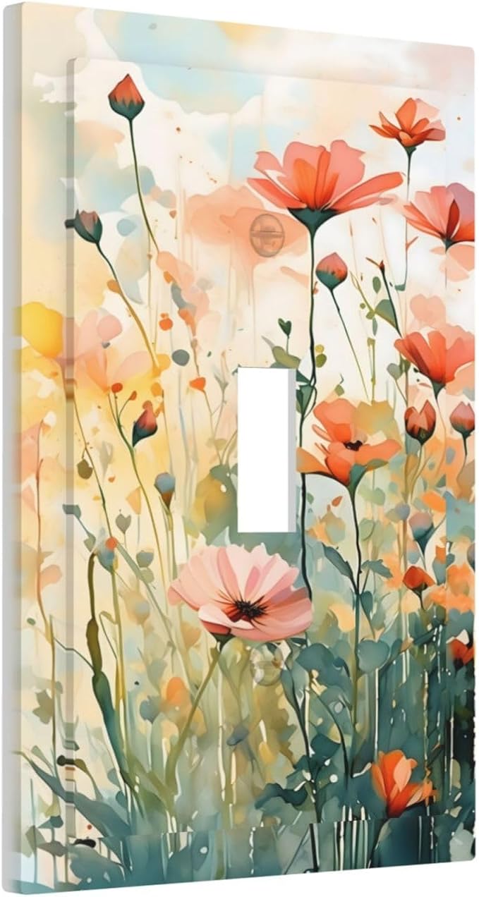 Vintage Red Orange Yellow Poppy Floral Flowers Decorative Light Switch Cover 1 Gang Single Toggle Device Electrical Faceplate Switchplates Decorator Outlet Wall Plate for Bedroom Living Room Decor