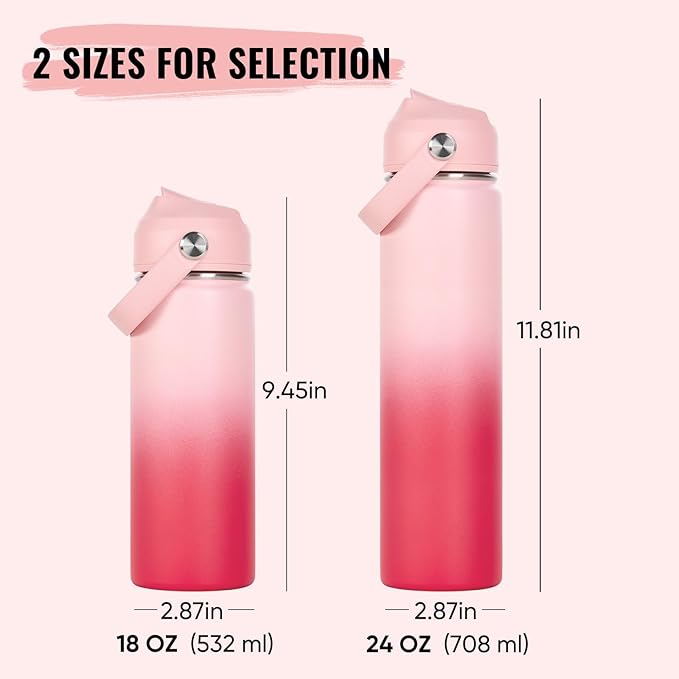 Fijinhom 24oz Insulated Stainless Steel Water Bottle, Wide Mouth Double Wall Vacuum, Silicone Straw, Sweat & Leak Proof, BPA Free Insulated Water Flask for Travel, Keep Cold 24h Hot 12h, Pink Gradient