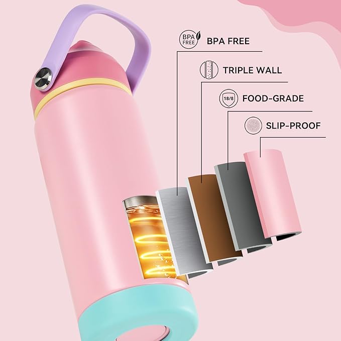 Fijinhom 18oz Insulated Stainless Steel Water Bottle, Wide Mouth Double Wall Vacuum, Silicone Straw, Sweat & Leak Proof, BPA Free Insulated Water Flask for Travel, Keep Cold 24h Hot 12h, Cherry