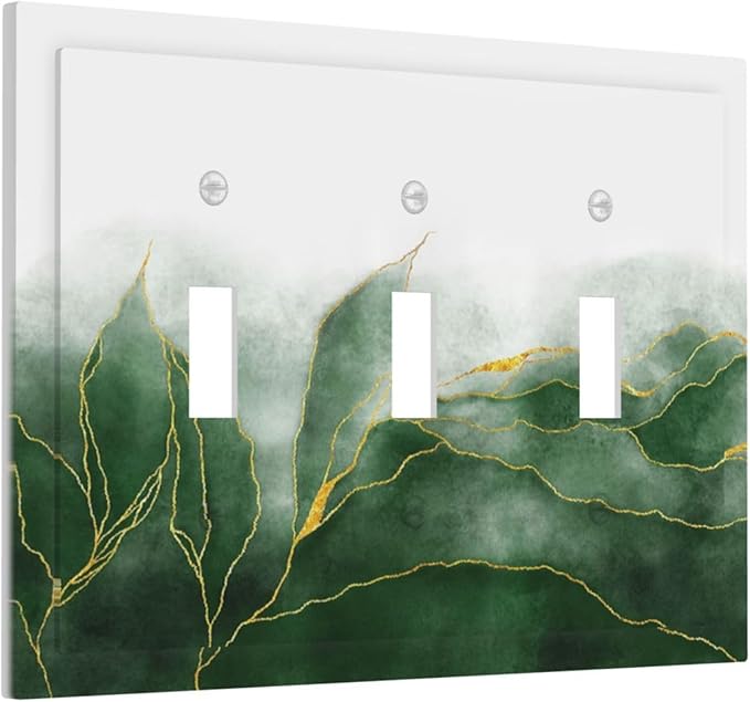 Light Switch Cover Plate Green Gold Leaf Marble Modern Abstract 3 Gang Triple Toggle Decorative Switch Plates Wall Plates Electrical Switchplate Faceplate for Kitchen Bathroom Decor