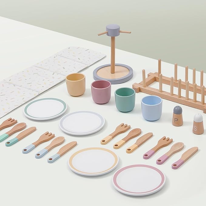 Lonico Wooden Play Kitchen Accessories Toys for Toddlers 3-5, Kids Play Kitchen with Realistic Plates & Dishes & Tableware, Montessori Pretend Christmas Birthday Gifts for 3 4 5 6 Years Girls Boys