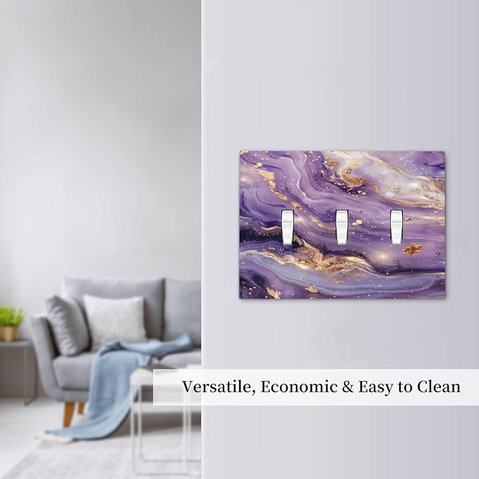 Luxury Marble Texture Purple And Gold Abstract Print Decorative Switch Plates 3 Gang Wall Plate Triple Toggle Light Switch Cover Faceplate Electrical Wall Panels for Bathroom Home Decor