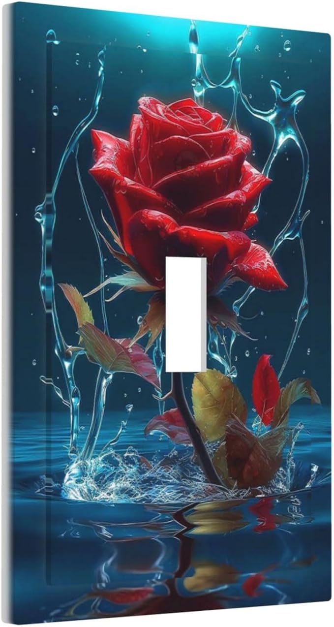 Red Rose Blue Water Drips 1 Gang Light Switch Cover Decorative Single Toggle Wall Plate Switchcovers Electrical Switchplate Home Decor for Kidroom Living Room Bedroom Decorate