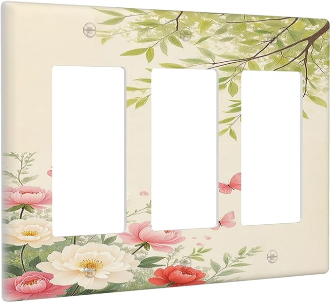 Light Switch Covers Garden Flowers Green Leaves And Butterflies 3 Gang Rocker Electrical GFCI Decorative Triple Outlet Wall Plate Cover Switchplate for Bedroom Cabin Decor