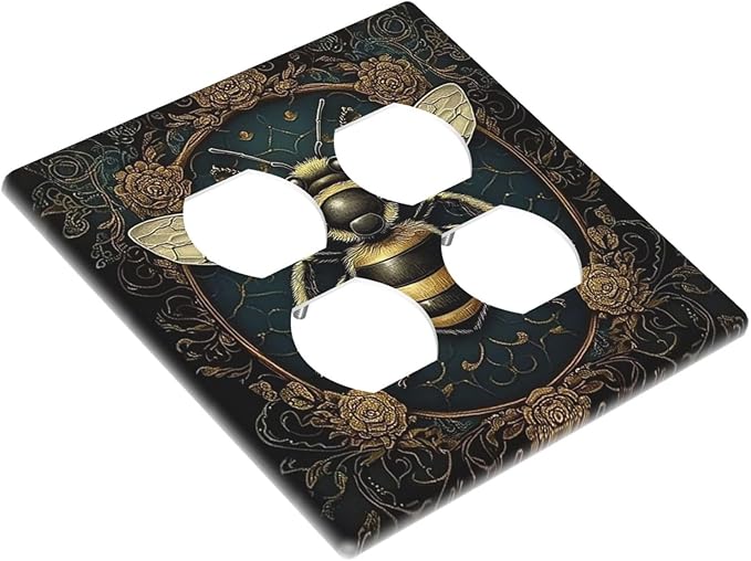 Outlet Covers Mid Century Bee Dark Floral 2 Gang Double Duplex Decorative Light Switch Covers Electrical Wallplates Socket Faceplate For Home Office Decor