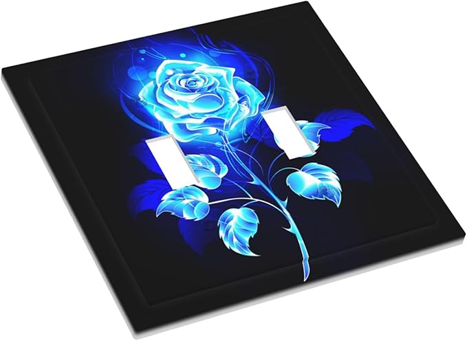 Blue Golden Rose Flower 2 Gang Double Toggle Light Switch Cover Electric Wall Plate Electrical Faceplate for Bathroom Home Living Room Jumbo Size Decor