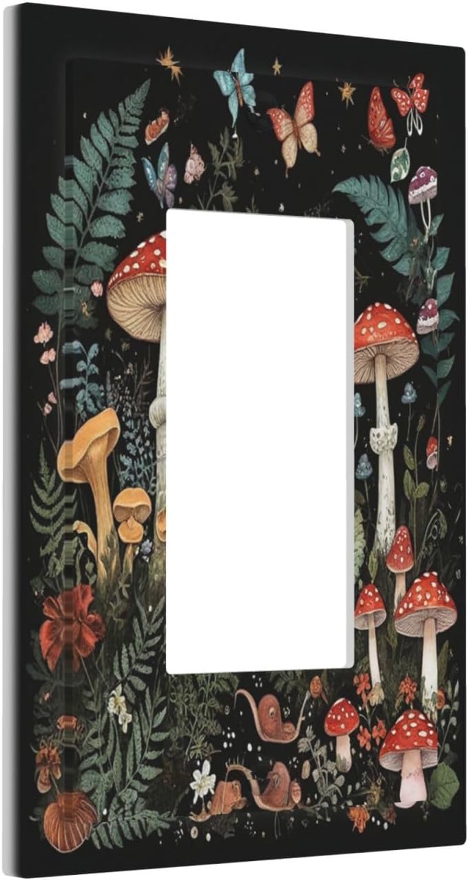 Cartoon Floral Mushroom forest Butterfly Flowers Decorative Outlet Covers 1 Gang Single Rocker Wall Plates Gfci Faceplate Light Switch Cover Plate for Bedroom Kids Room Decor