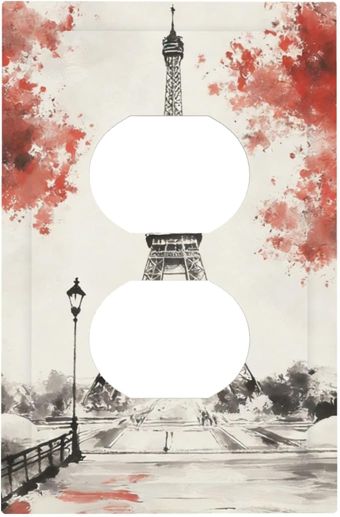 Parisian Watercolor Eiffel Tower Duplex Wall Plate - 1-Gang Standard US Size Paris Cherry Blossoms Romantic Outlet Covers, Vintage French Watercolor for Bedroom Decor