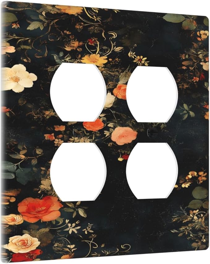 Vintage Orange Pink Black Roses Floral Flower Outlet Covers 2 Gang Double Duplex Decorative Light Switch Covers Electrical Wallplates Socket Faceplate for Farmhouse Bedroom Decor