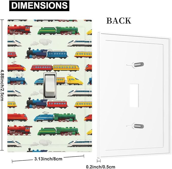 Vintage & Modern Trains 1-Gang Toggle Light Switch Plate, Colorful Locomotive Retro Steam & High-Speed Decorative Wall Plate for Boys Room