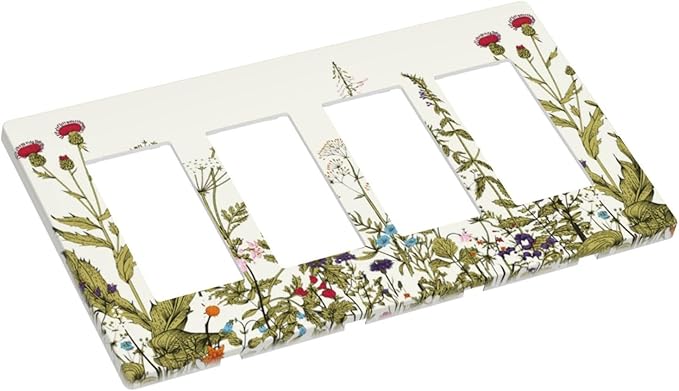 Country Vintage Wild Flowers Floral 4 Gang Quad Rocker/GFCI/Decorator Light Switch Cover Plate Decorative Electric Faceplate Decorative Switchplate Screwless