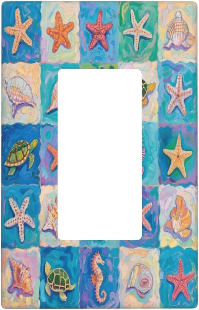 Sea Turtle Starfish Ocean Single Rocker Wall Plate Decorative 1 Gang Light Switch Covers Electrical Switchplate Home Decorate Faceplat for Bathroom Bedroom Kitchen Room 4.5 x 2.76 Inch