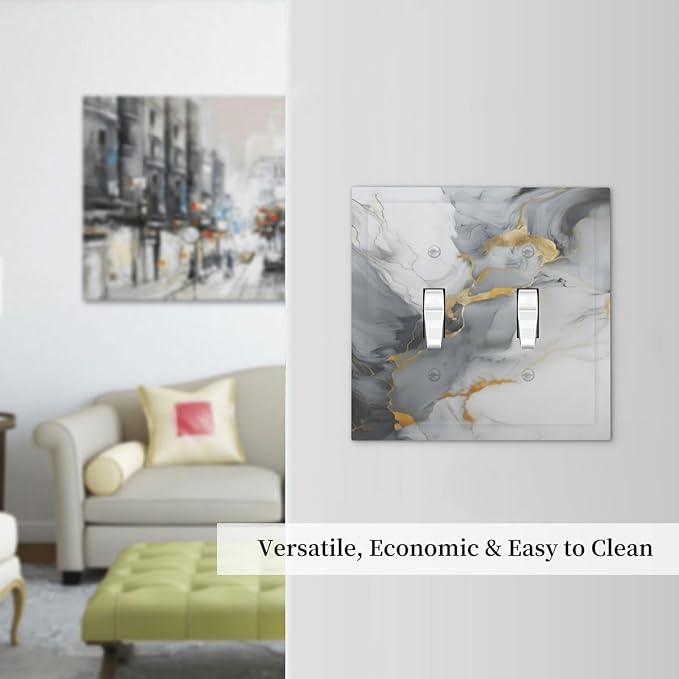 Gold Marble Grey Art Abstract Luxury Print Decorative Switch Plates 2 Gang Double Toggle Outlet Light Switch Cover Wall Plate Electrical Faceplate for Kitchen Bathroom Decor