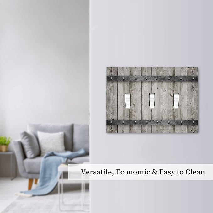 Farmhouse Grey Wood Triple Toggle Light Switch Cover Decorative Rustic Country Gray Wall Plates 3 Gang Electrical Faceplate for Bathroom Kitchen Bedroom Vintage Rustic Barn Door Decor