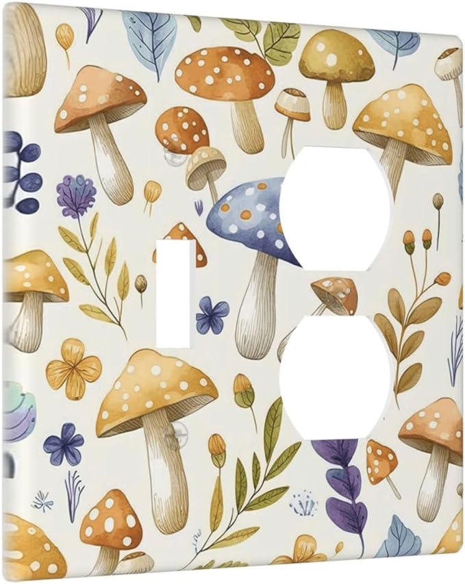Boho Watercolor Mushroom Flowers Leaf Colorful Floral Wallplates 1 Toggle 1 Duplex Switch Plate Electrical GFCI Faceplate Decorative Light Switch Covers for Kids Room Nursery Decor