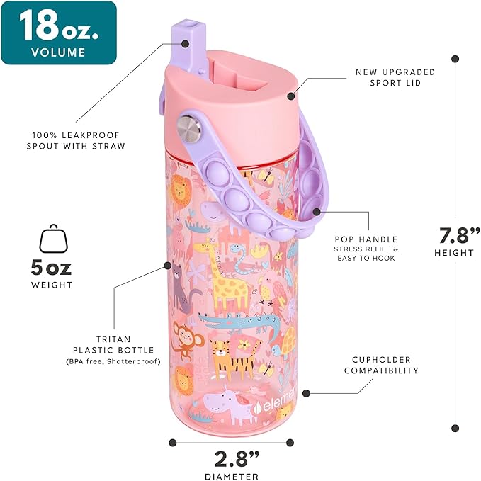 Elemental Water Bottles for Kids - Splash Kids Water Bottle for School with Pop-it Handle - BPA Free Tritan Plastic Water Bottle with Straw Leak Proof when Spout is Closed -Pink Safari - 18oz