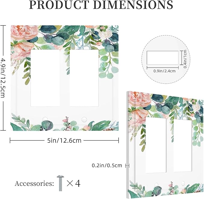 Green Eucalyptus Leaves Floral Watercolor Flower Decorative Outlet Covers 2 Gang Double GFCI Rocker Electrical Wall Panels Light Switch Cover Plate for Bed Room Living Room Decor