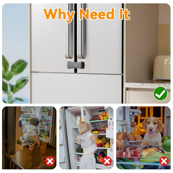 EUDEMON Updated French Fridge Lock French Door Refrigerator/Freezer Lock Apply to Max 2.28"(58mm) Two Door Gap Distance,Cabinet Cupboard Lock for Kids & Babies,Easy to Install(1 Pack,Black)