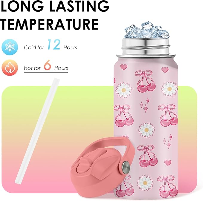 Cherry Gifts for Kids - 16oz Pink Kids Water Bottle with Straw Lid, Stainless Steel Insulated Tumbler, Leakproof, BPA-Free, for Girls, School, Travel - Cherry Lovers Children Birthday Gift Cup (1pc)