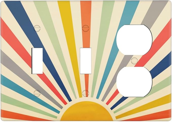 70s Hippie Bohemian Minimalist Aesthetics Art Mid Century Boho Abstract Sun 3 Gang Combination 2 Toggle 1 Duplex Receptacle Light Switch Wall Plates Device Combo Two Toggle One Receptacle Outlet Cover