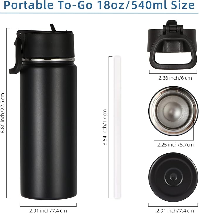 Volhoply 18oz Kids Insulated Water Bottle,Stainless Steel Water Bottles with Straw Lid,Double Wall Vacuum Reusable Metal Water Bottle,Wide Mouth Sports Water Flask For Cold Drink(Black,1 Set)