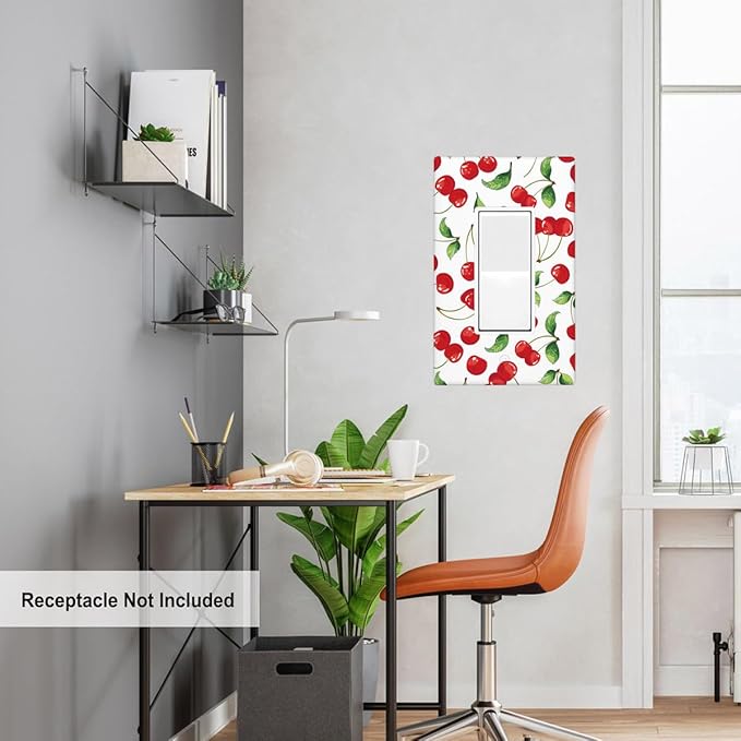 Red Cherries Single Rocker Light Switch Cover, Red Cherries Green Leaves 1-Gang Decorator Wall Plate 4.5 x 2.76 Inch for Kitchen Home Decor