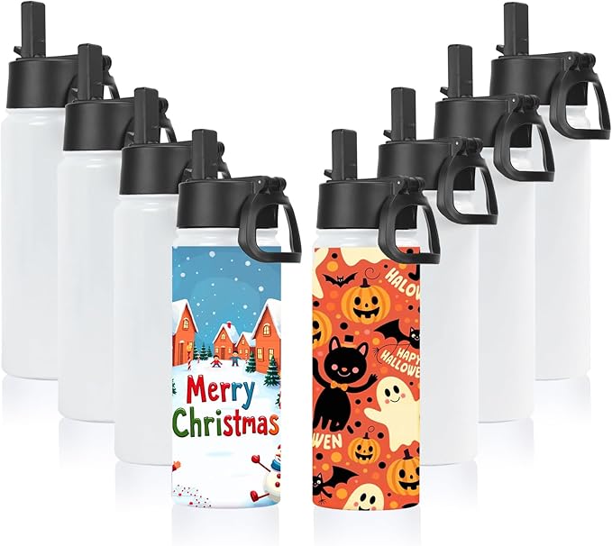 Volhoply 18oz Insulated Water Bottle Bulk 8 Pack,Kids Stainless Steel Water Bottles with Straw Lid,Double Wall Vacuum Reusable Metal Bottle,Wide Mouth Sports Flask For Cold Drink(Sublimation,8 Set)