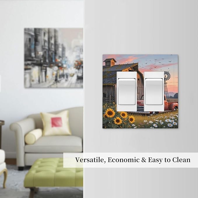 Rustic Barn Red Truck Windmill Sunflower Decorative Outlet Covers 2 Gang Double GFCI Rocker Electrical Wall Panels Light Switch Cover Plate for Farmhouse Home Decor