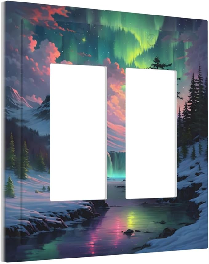 Snow Mountain Aurora Waterfalls Rivers Forest Decorative Outlet Covers 2 Gang Double GFCI Rocker Electrical Wall Panels Light Switch Cover Plate for Bedroom Living Room Decor