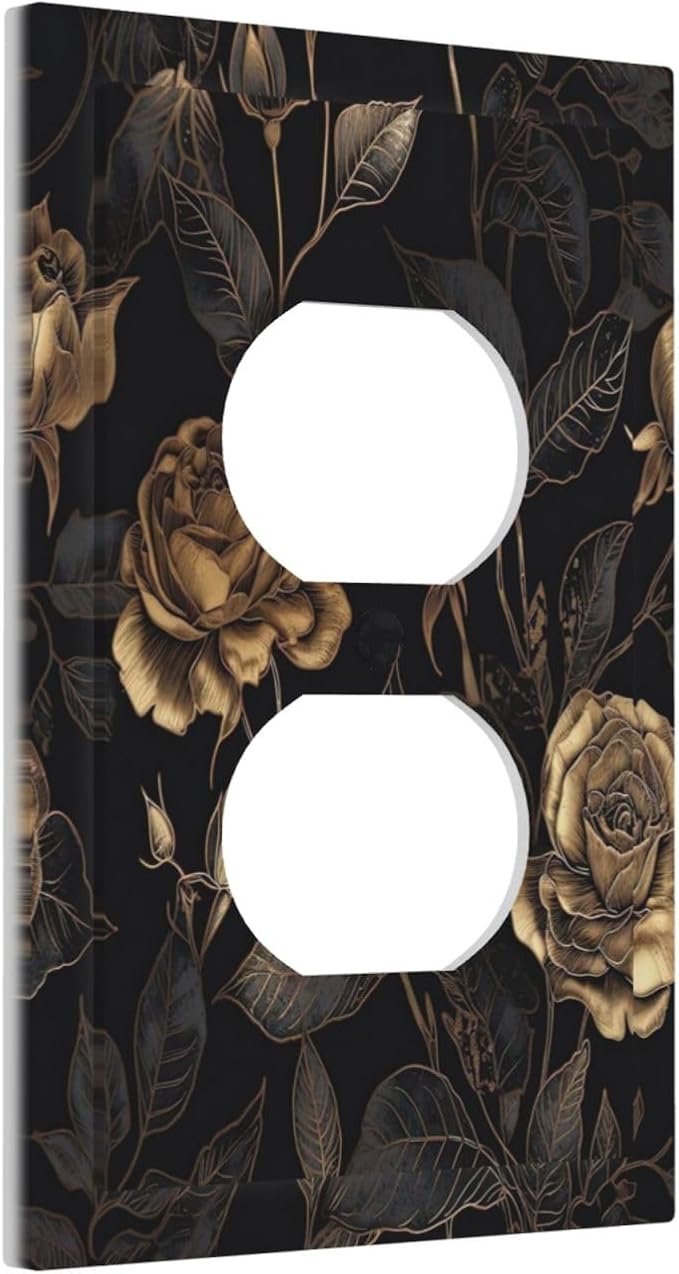 Black Floral Dark Vintage Gold Rose Flower Outlet Covers 1 Gang Duplex Light Switch Cover Decorative Switch Plates Electrical Receptacle Faceplate Wall Plate for Bedroom Living Room Decor
