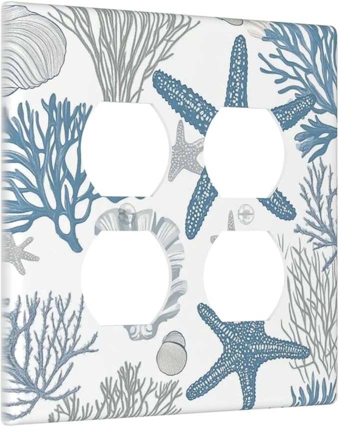 Blue Starfish Nautical Beach Conch Coastal Coral Shell Outlet Covers 2 Gang Double Duplex Decorative Light Switch Covers Electrical Wallplates Socket Faceplate For Kids Room Bathroom Decor