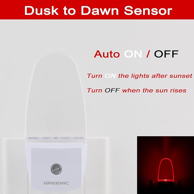 GREENIC Plug in LED Night Light Lamp 4 Pack with Light Sensor RED